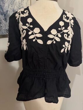 Talbots Black Blouse with Cream Floral Embroidery